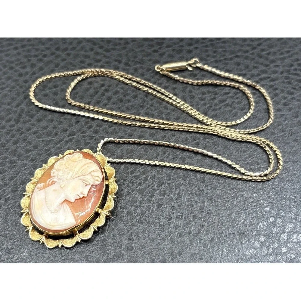 Vintage 14K Esemco Carved Shell Cameo Pendant And Krementz Gold Overlay Necklace